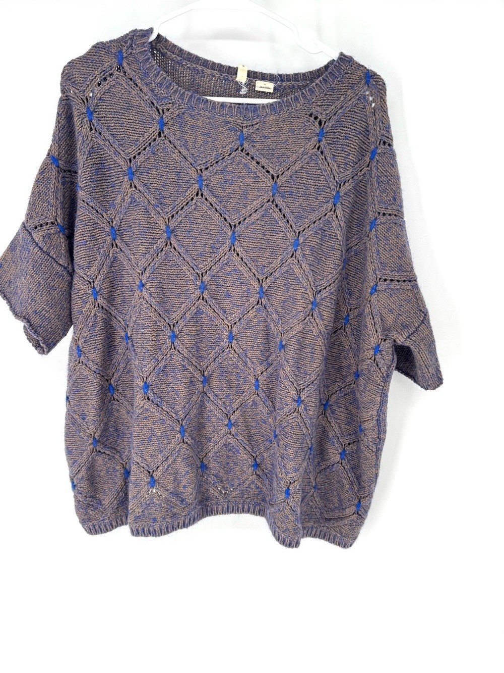 Anthropologie Moth Blue and Brown Diamond Openwork Short-Sleeve Sweater